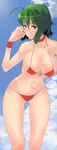  1girl absurdres artist_request bikini breasts cleavage cloud clouds female green_hair highres kazami_yuuka long_image navel red_eyes short_hair sky smile solo swimsuit tall_image touhou youkai zenisu 