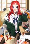  00coffee 1girl :o absurdres basket black_cat black_choker blue_eyes blush cat choker food fruit green_jacket hand_up highres jacket long_hair looking_at_viewer moe2019 orange original red_hair school_uniform serafuku signature stuffed_animal stuffed_fish stuffed_toy white_cat 