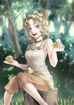  :d bad_id bad_pixiv_id barefoot bird bird_on_hand blonde_hair blush capri_pants chick forest green_eyes highres ilia_(zelda) nature open_mouth outdoors pants short_hair sitting sitting_on_tree_stump smile solo the_legend_of_zelda the_legend_of_zelda:_twilight_princess tree tree_stump wasabi_(legemd) 