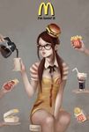  blue_eyes bobo1983 breasts brown_hair cleavage coca-cola coffee cup drinking_straw food food_on_head french_fries glasses hamburger hash_browns highres lips mcdonald's medium_breasts mole mole_under_mouth object_on_head product_placement sitting soda solo 