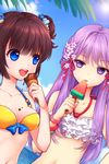  :d artist_request bangs beach bikini blue_eyes blunt_bangs bow breasts brown_hair cleavage cygnus day flat_chest flower food frills ice_cream long_hair lowres multiple_girls open_mouth pintail popsicle purple_eyes purple_hair ribbon short_twintails small_breasts smile swimsuit sword_girls twintails watermelon_bar 