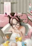  bath bathing bathtub blue_eyes bobo1983 book brown_hair bubble_bath glasses hair_up hairband highres lips looking_up open_book open_mouth original rubber_duck solo towel 