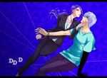  1girl bad_id bad_pixiv_id blue_hair cuffs decoration_disorder_disconnection dutch_angle formal grey_hair handcuffs ishizue_arika letterboxed long_hair pant_suit ponytail shaded_face shirt short_hair silver_hair suit t-shirt touma_mato yuzuki_kisa 