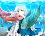  aqua_eyes colored_eyelashes fish jellyfish long_hair original ruurin-chan sitting smile solo underwater water white_hair 