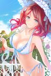  artist_request bare_shoulders bikini blue_eyes breasts cleavage flower frills front-tie_top large_breasts long_hair lowres navel parasol red_hair ribbon rihanna rose side-tie_bikini smile solo swimsuit sword_girls umbrella wrist_cuffs 