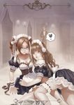  :o blue_eyes bobo1983 breasts brown_eyes brown_hair cleavage corset drill_hair fishnet_legwear fishnets garters highres lips long_hair looking_at_viewer maid maid_headdress medium_breasts multiple_girls open_mouth original parted_lips sitting thighhighs twin_drills twintails white_legwear 