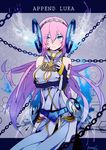  :3 bare_shoulders black_legwear blue_eyes breast_hold breasts chain character_name cleavage cleavage_cutout hairband headdress highres kurono_yuu long_hair medium_breasts megurine_luka megurine_luka_(append) pink_hair solo tattoo thighhighs vocaloid vocaloid_append 