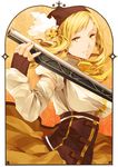  art_nouveau bad_id bad_pixiv_id beret blonde_hair breasts corset detached_sleeves drill_hair fingerless_gloves gloves gun hair_ornament hat large_breasts magical_girl magical_musket mahou_shoujo_madoka_magica pleated_skirt rifle shimoe skirt smile solo tomoe_mami weapon yellow_eyes 