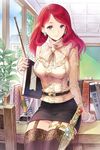  belt book bow breasts dagger earrings garter_belt hakou_(barasensou) holster jewelry large_breasts long_hair long_sleeves lowres pointer purple_eyes red_hair rihanna skirt solo sweater sword_girls thighhighs weapon 