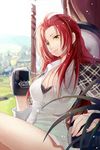  artist_request bra cropped_jacket cup dress_shirt jaina_preventer lingerie long_hair lowres no_pants open_clothes open_shirt red_hair shirt sitting smile solo sword_girls underwear yellow_eyes 