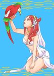  bad_id bad_pixiv_id barefoot bird bird_on_hand choker dress feet flower harem_outfit jewelry kneeling long_hair magi_the_labyrinth_of_magic morgiana navel necklace ornament parrot red_hair rihara smile solo white_dress 