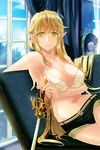  artist_request belt bird blonde_hair bra breasts cleavage elf green_eyes large_breasts lingerie long_hair looking_at_viewer lowres navel penguin pointy_ears short_shorts shorts sitting solo sword sword_girls treanna underwear weapon window 