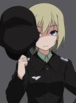  blonde_hair blue_eyes erica_hartmann hat hat_over_one_eye military military_uniform serious shaded_face short_hair solo strike_witches uniform world_witches_series youkan 