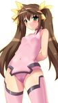  arms_behind_back bangs bare_shoulders blush breasts brown_hair cameltoe covered_navel covered_nipples cowboy_shot crotch dutch_angle from_below green_eyes hair_between_eyes hair_ribbon halterneck highres huang_lingyin infinite_stratos leotard light_smile long_hair looking_at_viewer outline pelvic_curtain pilot_suit pink_legwear pink_leotard ribbon sidelocks simple_background small_breasts smile solo thighhighs tsukishiro_kou turtleneck twintails white_background 