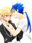  blonde_hair blue_hair fate/stay_night fate_(series) gilgamesh haine_(howling) lancer male_focus multiple_boys ponytail red_eyes yaoi 