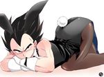 animal_ears blush bunny bunny_ears bunny_tail bunnysuit crossdressing dragon_ball dragonball_z gloves gradient gradient_background male male_focus muscle pantyhose solo tail vegeta white_background 
