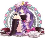  black_legwear bonnet book book_stack bow crescent doily flower frills hair_between_eyes hair_bow hat head_tilt kneehighs knees_to_chest long_hair long_sleeves no_shoes open_book patchouli_knowledge purple_eyes purple_hair reading sitting skirt solo touhou very_long_hair white_background yuzuru_(xxelysionxx) 