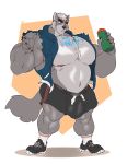  anthro boosterpang bulge canid canine clothed clothing footwear huge_pecs male mammal musclegut muscular muscular_male nipples open_jacket shoes solo standing water_bottle 
