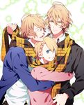  bad_id bad_pixiv_id blonde_hair blue_eyes closed_eyes dual_persona earrings glasses green_eyes hair_ornament hairclip hug jewelry kurusu_shou male_focus multiple_boys open_mouth scarf shared_scarf shinomiya_natsuki shinomiya_satsuki teeth uta_no_prince-sama yuzumame 