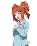  :d a1 blue_eyes brown_hair hair_bobbles hair_ornament idolmaster idolmaster_(classic) kindergarten_uniform open_mouth simple_background smile solo takatsuki_yayoi twintails 
