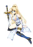 armlet belt blonde_hair blue_eyes blue_footwear boots breasts choker full_body knee_boots large_breasts leg_garter long_hair original pointy_ears ponytail simple_background solo sword tamiya_akito weapon 