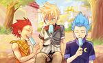  blonde_hair blue_eyes blue_hair food isa_(kingdom_hearts) kingdom_hearts kingdom_hearts_birth_by_sleep lea_(kingdom_hearts) magatsumagic male_focus multiple_boys neckerchief popsicle red_hair ventus 