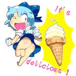  ass barefoot blue_eyes blue_hair bow cirno dress food gomi_ichigo hair_bow ice_cream ice_cream_cone milk no_panties one_eye_closed open_mouth short_hair smile solo touhou wings 