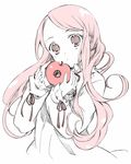  apple etoryoku food fruit holding holding_food holding_fruit long_hair mawaru_penguindrum monochrome solo spot_color takakura_himari 