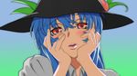  502 blue_hair blush face food fruit hands_on_own_cheeks hands_on_own_face hat hinanawi_tenshi leaf long_hair looking_at_viewer open_mouth parody peach red_eyes solo teeth touhou yandere yandere_trance 