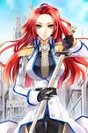  breasts character_request gloves jeyina large_breasts long_hair lowres military military_uniform red_hair solo sword sword_girls uniform weapon yellow_eyes 