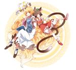  animal_ears blonde_hair bloomers brown_eyes brown_hair cat_ears cat_tail chachi_(azuzu) chen dress earrings finger_to_mouth fox_ears fox_tail hat hat_removed headwear_removed highres holding_hands jewelry multiple_girls multiple_tails nail_polish nekomata shirt short_hair skirt skirt_set smile tabard tail touhou underwear white_dress yakumo_ran yellow_eyes 