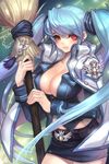  artist_request belt blue_hair blush breasts broom cleavage coat jacket large_breasts long_sleeves lowres luthica_preventer open_clothes red_eyes skirt solo sword_girls twintails 
