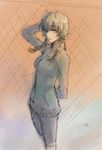  amane_suzuha arm_behind_back bad_id bad_pixiv_id bike_shorts braid brown_hair green_eyes hand_behind_head jacket kokutan_kitsunen long_hair sketch solo standing steins;gate track_jacket twin_braids 