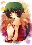  :3 animal_ears bad_id bad_pixiv_id blush bow bowtie brown_hair cat_ears cat_tail chen fang hat highres long_sleeves looking_at_viewer mary_janes multiple_tails no_nose paw_print puffy_sleeves shoes short_hair sitting socks solo tail touhou white_legwear yana_mori yellow_eyes 