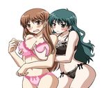  2girls black_bra black_panties blush bra breast_grab breasts brown_eyes brown_hair grabbing hyuuga_mahiru kamisama_dolls lingerie long_hair multiple_girls panties pink_bra pink_panties shiba_hibino simple_background underwear underwear_only yuri 