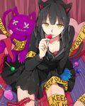  animal_ears black_hair bra candy cat_ears cat_tail caution_tape citron_82 envy_cat_walk_(vocaloid) food from_above gloves keep_out lingerie lollipop long_hair paw_gloves paws school_uniform serafuku sitting skirt solo stuffed_animal stuffed_toy tail underwear vocaloid yellow_eyes 