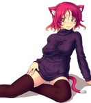  animal_ears arm_support black_legwear blush bottomless breasts cat_ears cat_tail dress gradient_hair kisaragi_yakumo long_sleeves medium_breasts multicolored_hair original red_hair simple_background sitting skindentation slit_pupils solo sweater sweater_dress tail thighhighs 