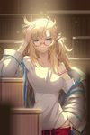  artist_request blue_eyes box bra_strap breasts brown_hair coat glasses hand_on_hip long_hair lowres medium_breasts messy_hair on_box oversized_clothes panties quartermaster_knight red-framed_eyewear semi-rimless_eyewear solo sword_girls under-rim_eyewear underwear 