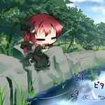  =_= animal_ears blush bow braid cat_ears cat_tail chibi drooling fishing fishing_rod hair_bow holding holding_fishing_rod kaenbyou_rin koha long_hair multiple_tails nature pond red_hair sitting solo tail touhou tree twin_braids twintails water 
