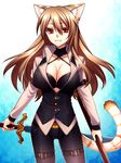  animal_ears black_bra blush bra breasts brown_hair cleavage earrings jewelry konshin large_breasts lingerie long_hair original red_eyes smile solo sword tail underwear weapon 