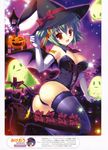  absurdres ass bare_shoulders boots bow breasts cleavage corset demon_tail dengeki_moeou detached_collar elbow_gloves fang gloves green_hair halloween hat highres jack-o'-lantern knee_boots medium_breasts mikeou necktie original pointing pointy_ears polka_dot polka_dot_legwear pumpkin red_eyes short_hair side_ponytail smile solo tail thighhighs wings witch_hat 