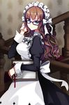  apron artist_request bangs blue_eyes bow breasts brown_hair chief_maid clipboard glasses long_hair lowres maid maid_headdress medium_breasts ribbon solo stairs sword_girls 