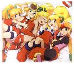  android blonde_hair blue_eyes boots closed_eyes dress flat_chest gloves green_eyes hair_ribbon helmet kataiwa_yuri knee_boots long_hair multiple_girls official_art open_mouth pantyhose ponytail red_shorts red_skirt ribbon rockman rockman_(classic) rockman_dash rockman_exe rockman_rockman roll roll_caskett roll_exe shorts skirt smile 