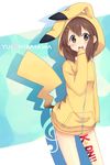  brown_eyes brown_hair cosplay gen_1_pokemon highres hirasawa_yui hiroki_eiki hood hoodie k-on! pikachu pikachu_(cosplay) pokemon short_hair solo 