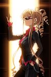  artist_request belt blonde_hair breasts chain cinia_pacifica dress_shirt drill_hair earrings formal hand_in_pocket jacket jewelry long_hair lowres medium_breasts pant_suit pants red_eyes ring shirt solo suit sunglasses sword_girls 
