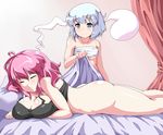  ass bad_id bad_pixiv_id bandages blanket blush bottomless breasts cleavage ghost grey_eyes hitodama huge_breasts konpaku_youmu konpaku_youmu_(ghost) lying moisture_(chichi) multiple_girls on_stomach pillow pink_hair saigyouji_yuyuko sarashi shirt short_hair silver_hair sleeping sleeveless sleeveless_shirt smile touhou undershirt underwear underwear_only 