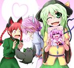  animal_ears bar_censor bird blush bow braid broken_heart cat_ears censored closed_eyes double_v extra_ears eyeball green_eyes green_hair hair_bow hat heart heart-shaped_pupils heart_of_string kaenbyou_rin komeiji_koishi komeiji_satori long_hair multiple_girls ni_(ippozenshin) one_eye_closed open_mouth pink_eyes pink_hair reiuji_utsuho reiuji_utsuho_(bird) short_hair sweatdrop symbol-shaped_pupils third_eye touhou twin_braids v wide_sleeves worried 