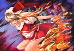  bare_legs blonde_hair breathing_fire dacho fang fire flame flaming_sword flandre_scarlet grin hat hat_ribbon long_hair midriff necktie open_clothes red_eyes ribbon skirt skirt_set smile solo sword touhou weapon wings 