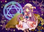  blush book boots bow crescent dress hair_bow hat hexagram long_hair magic_circle mikiky notes patchouli_knowledge purple_eyes purple_hair sitting smile solo star touhou 
