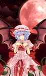  adapted_costume ascot bat_wings brooch dress embellished_costume flower frills full_moon hands_on_own_chest hat hat_ribbon jewelry jpeg_artifacts moon night purple_hair red_eyes red_flower red_moon red_rose remilia_scarlet ribbon rose short_hair sky smile solo toraharu touhou wings wrist_cuffs 